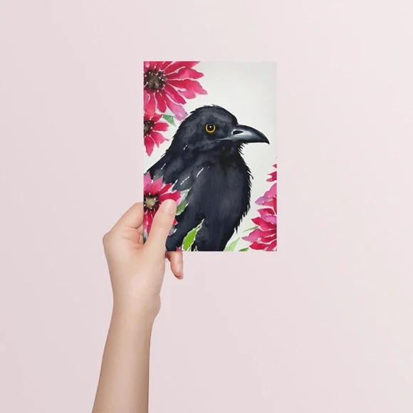 Wall Art Watercolor Floral Raven Crow Illustration Print Poster Card Unframed - Picture 4 of 5